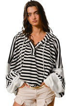 Load image into Gallery viewer, Black white Oversized Striped Henley Buttons Dolman Sleeve Hooded Top