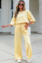 Cargar imagen en el visor de la galería, Sachet Pink Lace Patchwork Half Sleeve Top Elastic Waist Pants Two Piece Set