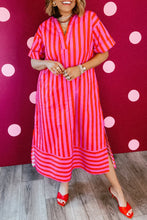 Cargar imagen en el visor de la galería, Red Stripe V Neck Cuffed Sleeve Relaxed Split Midi Dress