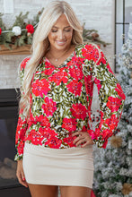 Cargar imagen en el visor de la galería, Red Floral Print Lace up V Neck Flounce Sleeve Blouse