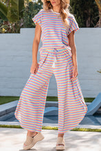 Cargar imagen en el visor de la galería, Pink Stripe Rainbow Tee Tasseled String Wide Leg Pants Set