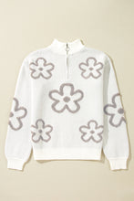 Load image into Gallery viewer, White Contrast Flower Half Zipper Stand Neck Sweater