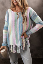 Load image into Gallery viewer, Purple Color Block Fringed Drop Shoulder Tunic Sweater