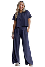 Load image into Gallery viewer, Navy Blue Raw Hem Loose Tee and Wide Leg Pants Set