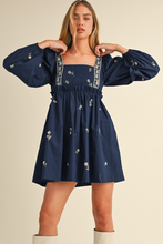 Load image into Gallery viewer, Blue Floral Embroidered Square Neck Puff Sleeve Ruffled Mini Dress