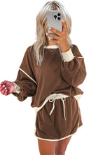 Load image into Gallery viewer, Coffee Color Contrast Loose Pullover and Lace-up Waist Skort Set