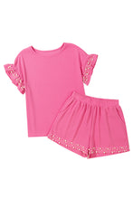 Load image into Gallery viewer, Bright Pink Textured Pearled Ruffle Sleeve Top 2 Piece Shorts Set
