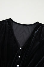 Load image into Gallery viewer, Black Velvet Buttoned Puff Sleeve V Neck Split Midi Dress