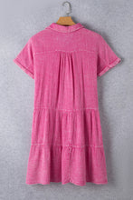 Load image into Gallery viewer, Strawberry Pink Mineral Wash Crinkle Split Neck Raw Hem Tiered Dress