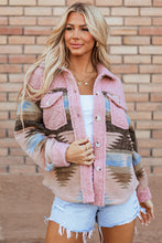 Load image into Gallery viewer, Pink Western Aztec Print Sherpa Splicing Buttoned Flap Pocket Coat
