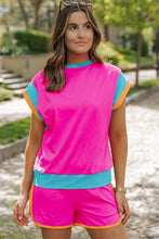 Cargar imagen en el visor de la galería, Rose Red Contrast Trim Cap Sleeve Tee Shorts Set
