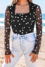 Load image into Gallery viewer, Black Heart Shape Mesh Patchwork Square Neck Bodysuit