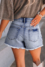 Load image into Gallery viewer, Beau Blue Pearl Studded Pockets Raw Hem Denim Shorts