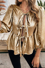 Load image into Gallery viewer, Gold Bow Tie Front Puff 3/4 Sleeve Ruffle Hem Blouse