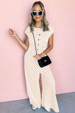 Load image into Gallery viewer, Apricot Checkered Print Buttoned Crew Neck Wide Leg Jumpsuit