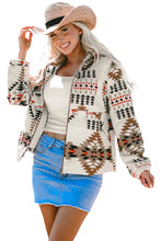 Load image into Gallery viewer, Beige Aztec Printed Stand Neck Zip Up Jacket