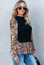 Load image into Gallery viewer, Black Floral Ruffle Sleeve Peplum Top