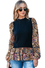Load image into Gallery viewer, Black Floral Ruffle Sleeve Peplum Top