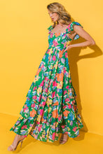 Load image into Gallery viewer, Green Floral Print Sleeveless Ruffle Tiered Maxi Dress
