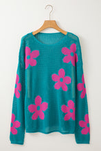 Load image into Gallery viewer, Sea Green Big Flower Hollowed Knit Drop Shoulder Sweater