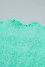 Cargar imagen en el visor de la galería, Mint Green Frilled V Neck Flower Embroidered Puff Sleeve Textured Blouse