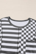 Load image into Gallery viewer, Dark Grey Checkerboard Striped Patchwork Lantern Sleeve Pocketed Blouse