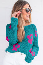 Load image into Gallery viewer, Sea Green Big Flower Hollowed Knit Drop Shoulder Sweater