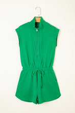 Load image into Gallery viewer, Bright Green Textured Short Sleeve Half Zip Drawstring Waist Romper