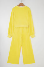 Load image into Gallery viewer, Yellow Cream Drop Shoulder Puff Sleeve Crop Pullover Drawstring Wide Leg Pants Set