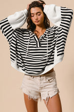Load image into Gallery viewer, Black white Oversized Striped Henley Buttons Dolman Sleeve Hooded Top