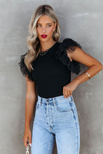 Load image into Gallery viewer, Black Polka Dot Mesh Ruffle Sleeve Knit Top