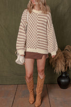 Load image into Gallery viewer, Khaki Stripe Checkerboard Drop Shoulder Balloon Sleeve Sweater