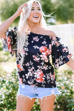 Load image into Gallery viewer, Blue Ruffle Off Shoulder Flounce Sleeve Floral Blouse