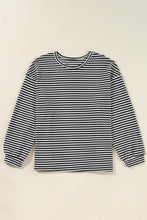 Load image into Gallery viewer, Black Stripe Drop Shoulder Puff Long Sleeve O Neck Plus Size T Shirt