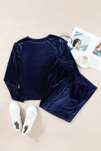 Load image into Gallery viewer, Navy Blue Solid Velvet Ruffled Two Piece Pants Set
