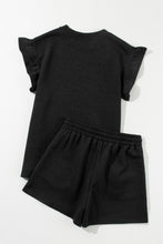 Load image into Gallery viewer, Black Textured Ruffle Split Top and Drawstring Shorts