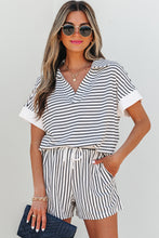 Load image into Gallery viewer, Black Stripe V Neck Tee and Casual Short Set