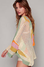 Load image into Gallery viewer, Beige Pointelle Knit Colorblock Patchwork V Neck Hooded Plus Sweater