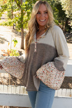 Load image into Gallery viewer, Colorblock Floral Patchwork Flared Sleeve Buttons Henley Top