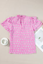 Load image into Gallery viewer, Pink Vintage Floral Ruffled Split Neck Short Sleeve Blouse