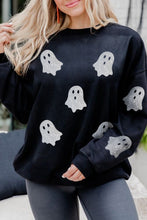 Load image into Gallery viewer, Black Glitter Ghost Pattern Crew Neck Halloween Sweatshirt
