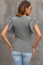 Load image into Gallery viewer, Gray Dotty Mesh Ruffle Sleeve Ribbed Knit Top
