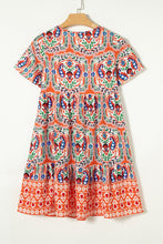 Load image into Gallery viewer, Orange Bohemian Print Tie Neck Ruffle Hem Short Dress
