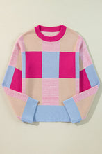 Cargar imagen en el visor de la galería, Rose Red Color Block Drop Shoulder Crewneck Loose Fit Sweater
