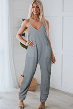 Load image into Gallery viewer, Gray Waffle Knit Spaghetti Straps Loose Fit Jumpsuit
