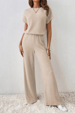 Cargar imagen en el visor de la galería, Parchment Solid Color Ribbed Short Sleeve Wide Leg Jumpsuit
