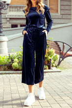 Load image into Gallery viewer, Navy Blue Solid Velvet Ruffled Two Piece Pants Set
