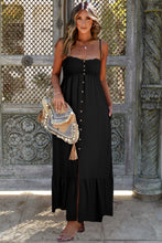 Cargar imagen en el visor de la galería, Black Spaghetti Straps Smocked Front Slit Buttoned Dress
