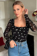 Load image into Gallery viewer, Black Heart Shape Mesh Patchwork Square Neck Bodysuit
