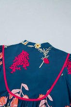 Load image into Gallery viewer, Blue Floral Print Gathered Neckline 7/8 Sleeve Casual Midi Dress
